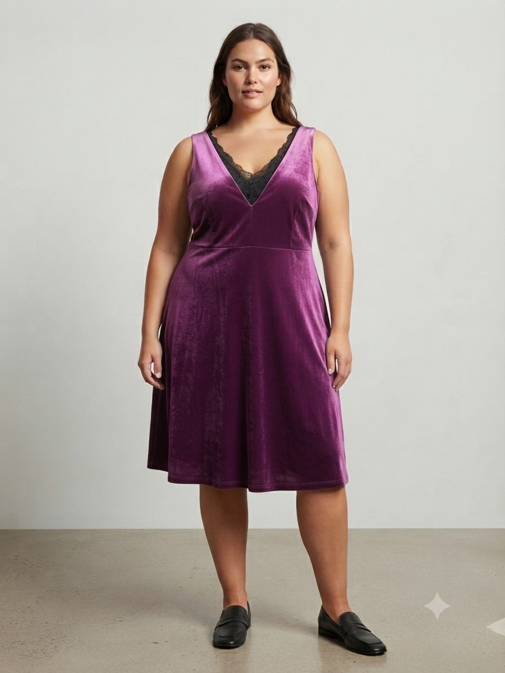 Velvet V-Neck Midi Dress in Purple With Lave Neck Insert Size 1X